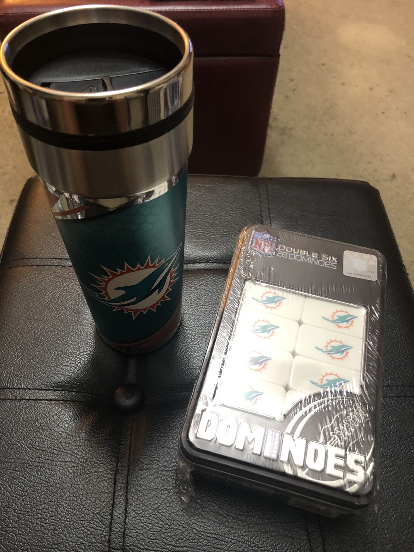 Miami Dolphins double six dominoes and cup