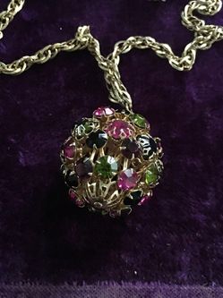 Multicolor MOD rhinestone demi parure of mod ball necklace and drop clip earrings, circa 1960s