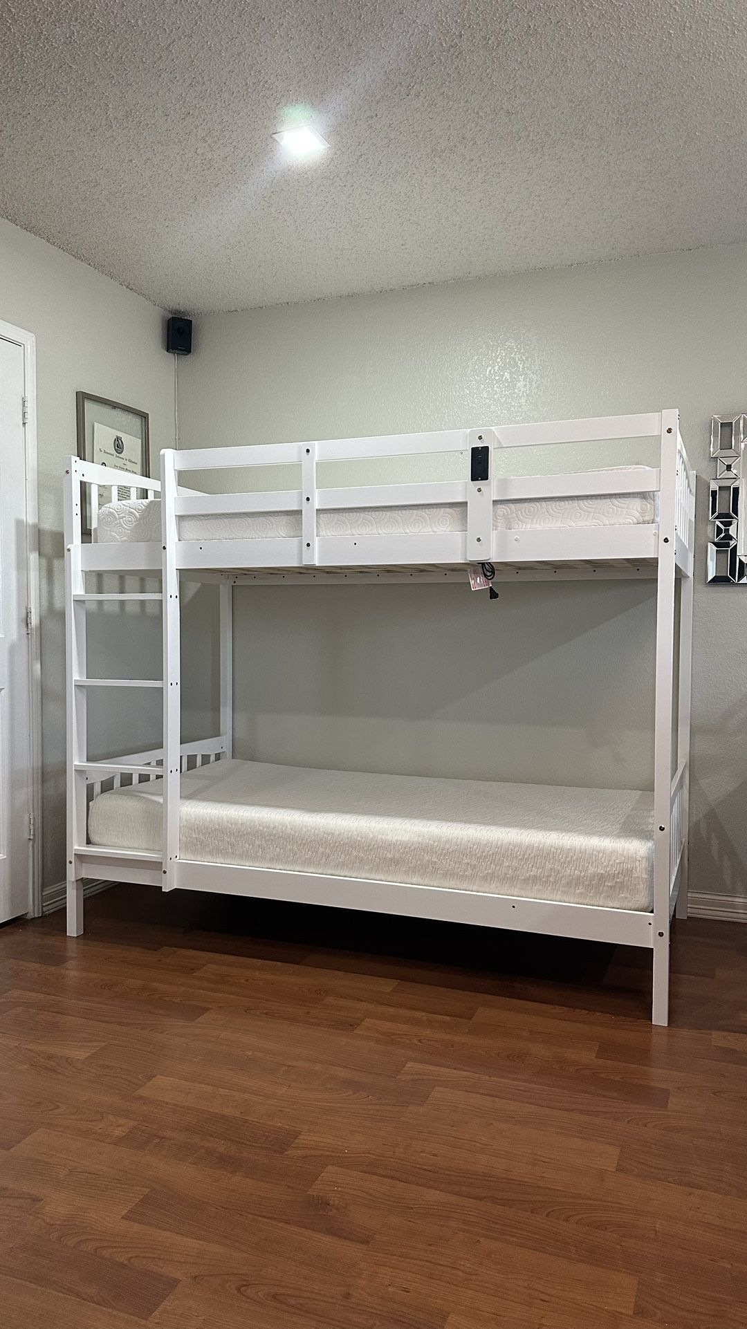 White Solid wood Twin Bunk bed with mattresses and USB port.