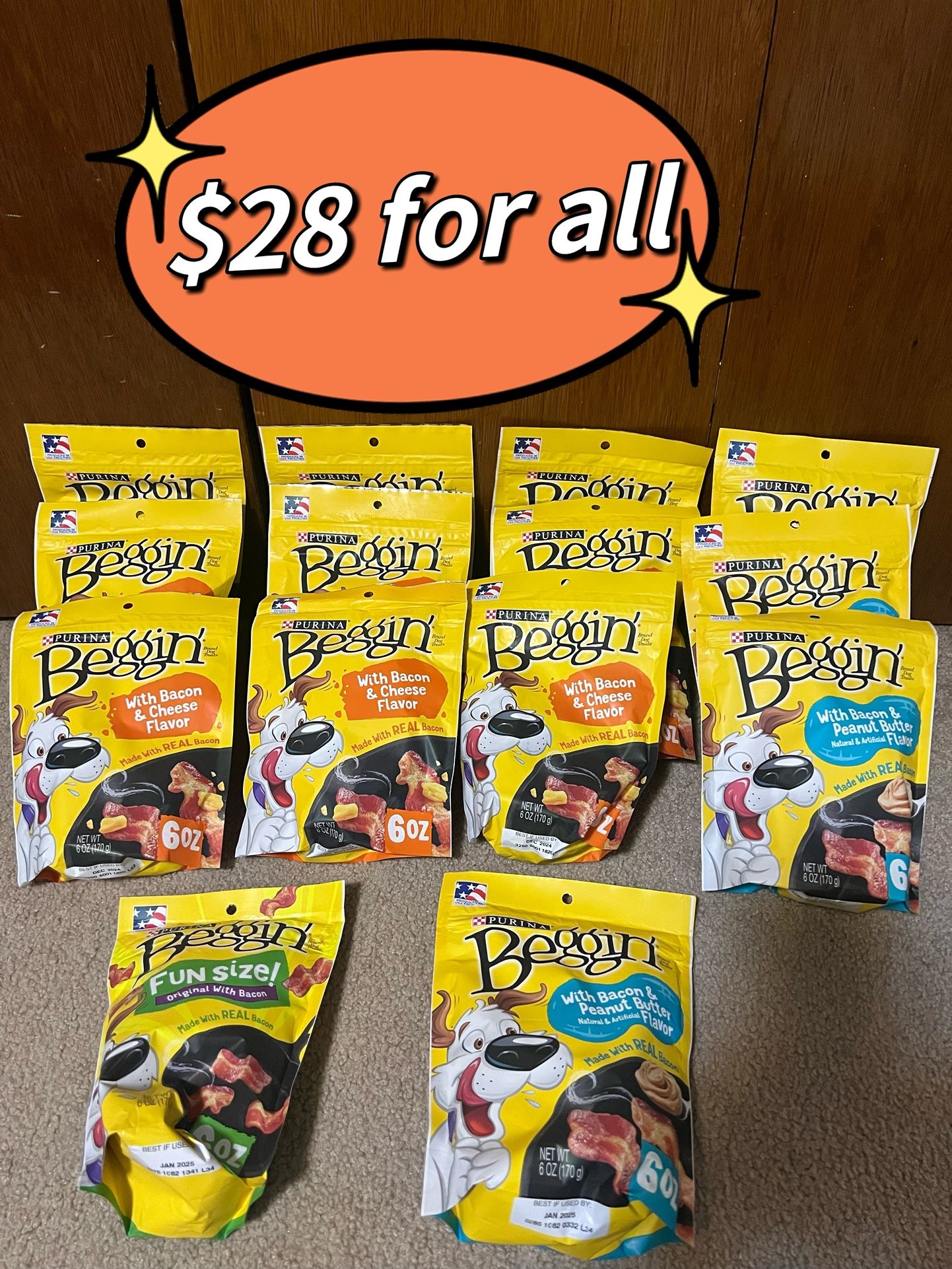 14 bags Purina beggin (6 OZ) for $28
