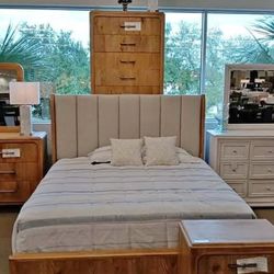 4PC Wooden color bedroom set with paded headboard