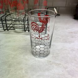 6 Vintage Libby Red Juice Glass Rooster Weathervane Chicken 5 Inch With Metal Carrier