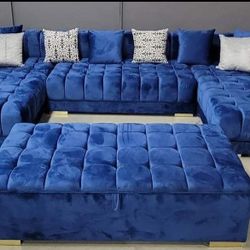 Brand New Blue Velvet Double Chaise Sectional 