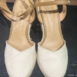 Time and Tru memory foam espadrille wedge sandals in a neutral color.