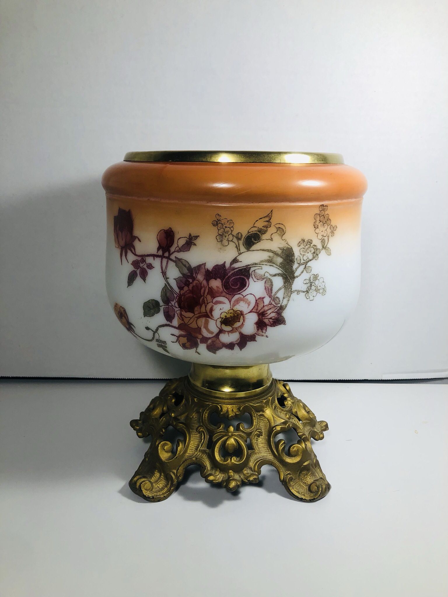 Antique Floral Oil Lamp - Glass And Brass