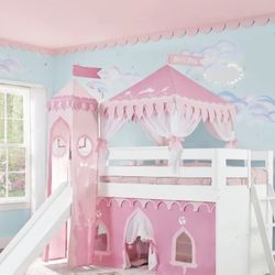 Disney Princess Fairytale White Twin Loft Bed with Slide and Tower