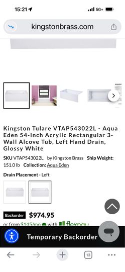 Run Aspen Eden 54” alcove install tub