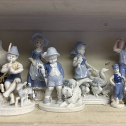 Vintage Blue & White Porcelain Figurine Collection – 9 Piece Bundle