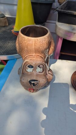 Vintage 1970s Brown Ceramic Dog Planter / Utensil Holder - Retro Kitsch