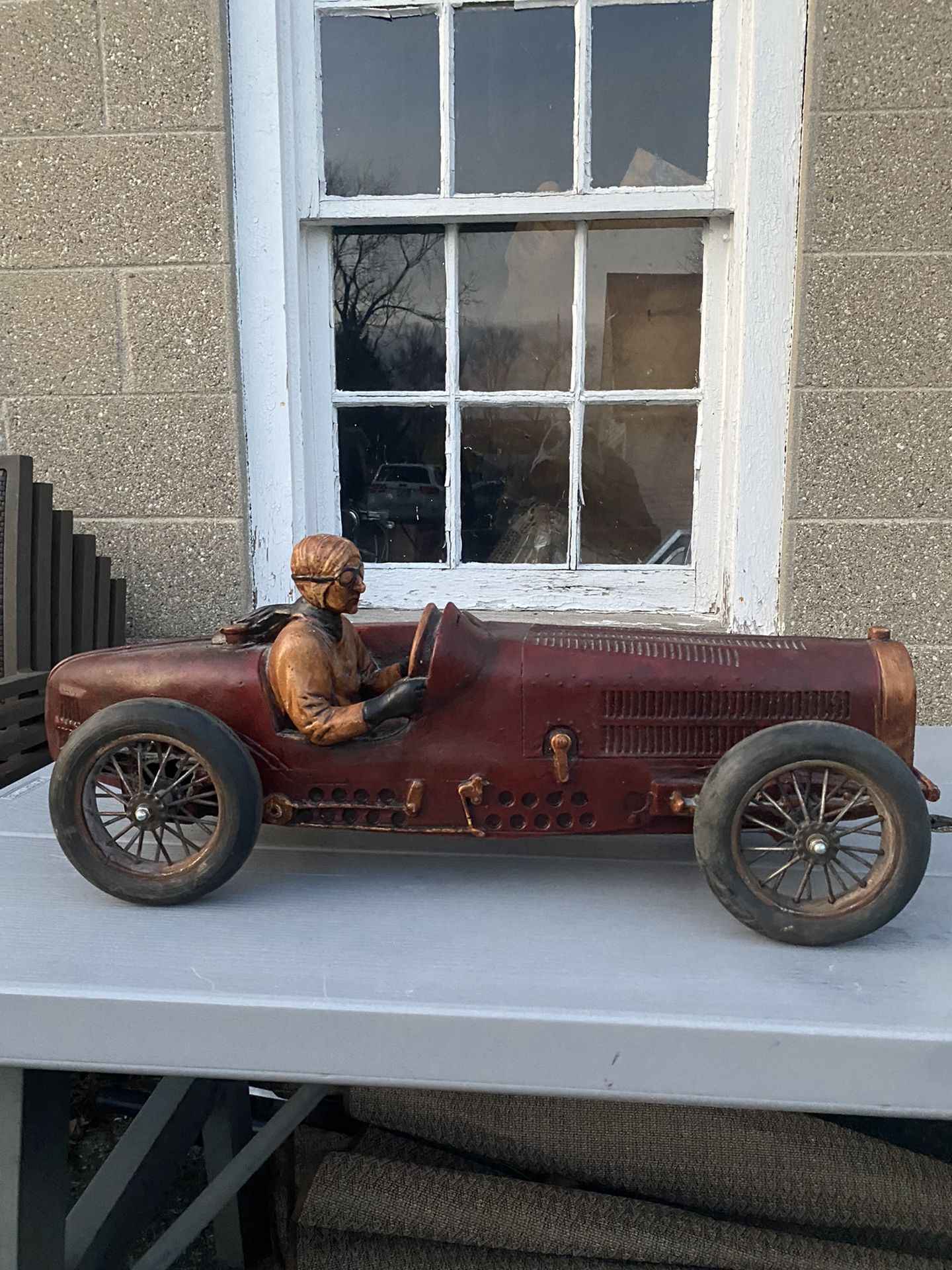 Vintage Classic Large Racing Sport car Bugatti Model Sculpture with Driver