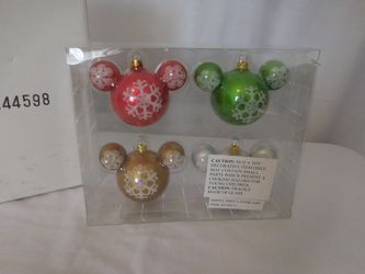 Disney Park Ornament Mickey Ear Icon Glass Medium Red White Snowflake Set Of 4