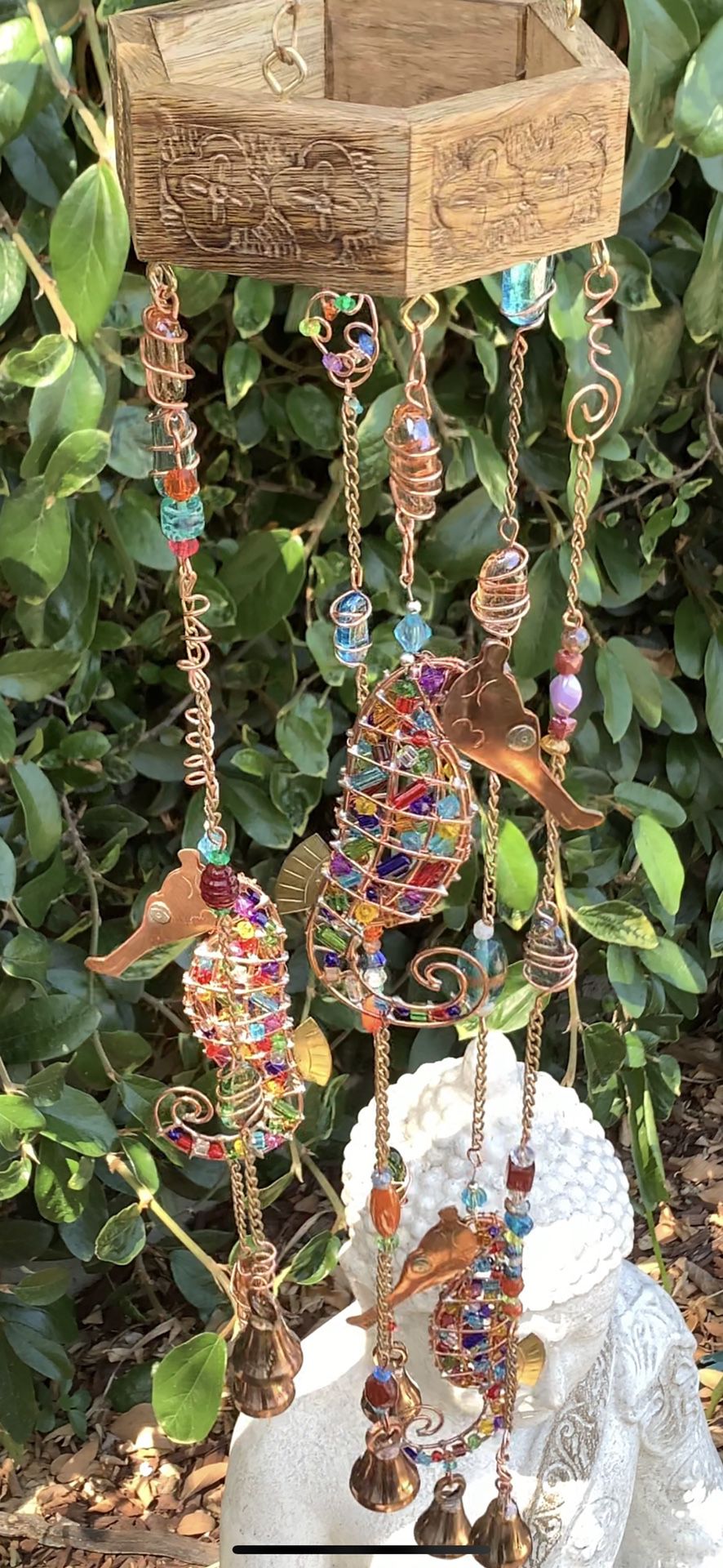 Gorgeous Glass Rocks & Beads Sea Horse Wind Chime Sun Catcher Mobile - Handmade, One Of A Kind! 