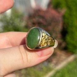 Huge Chunky Solid 14k Gold & 24k Gold Jade Ring 
