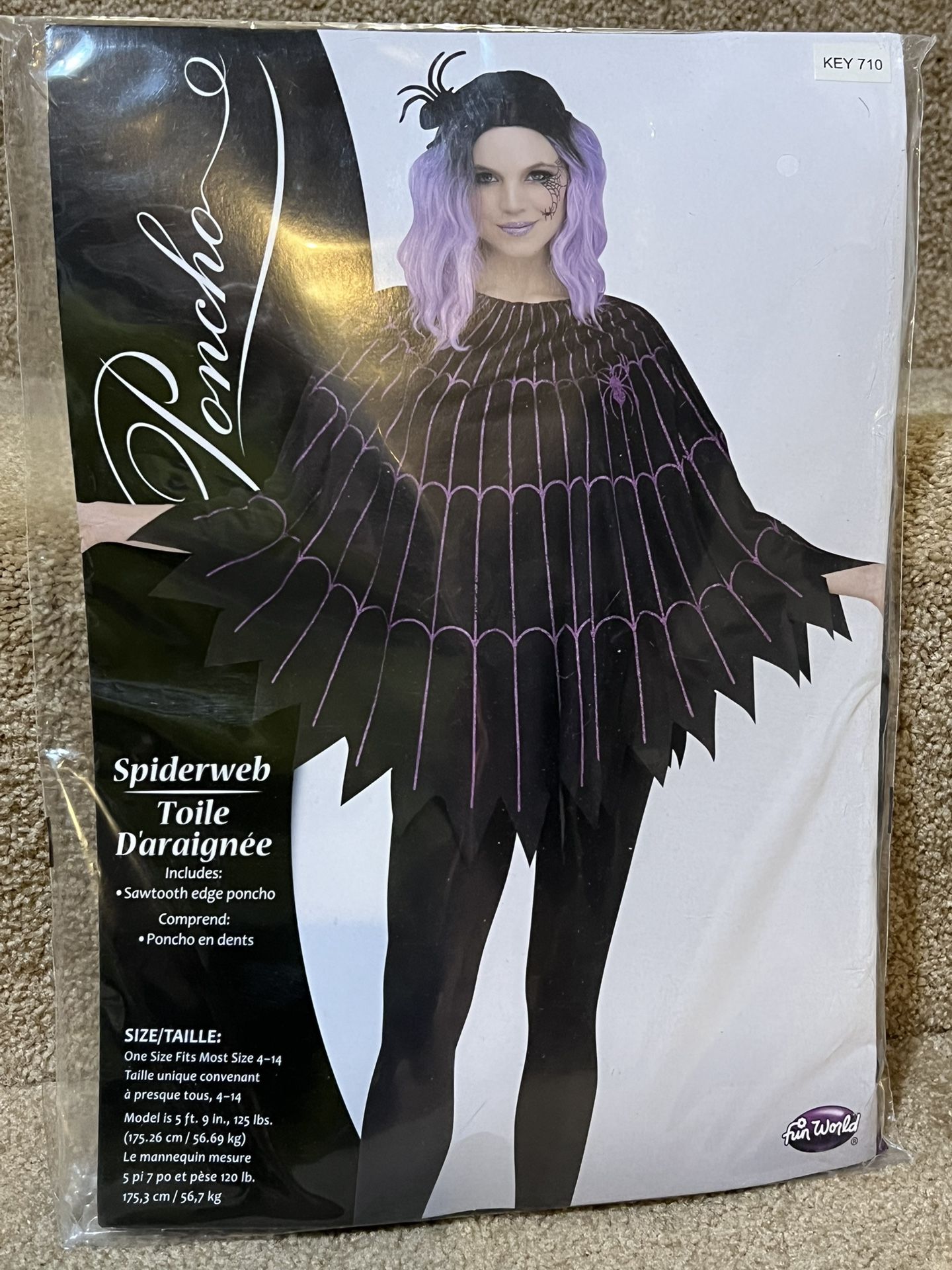 Adult Spiderweb Glittery Purple Easy Halloween Costume Poncho Cape Fits Most