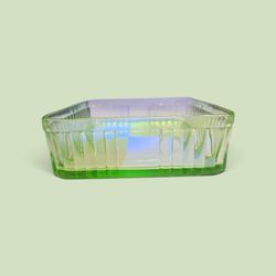 1930s Uranium Green Glass Square Bowl or Dish, 8.5 inch X 8.5 inches