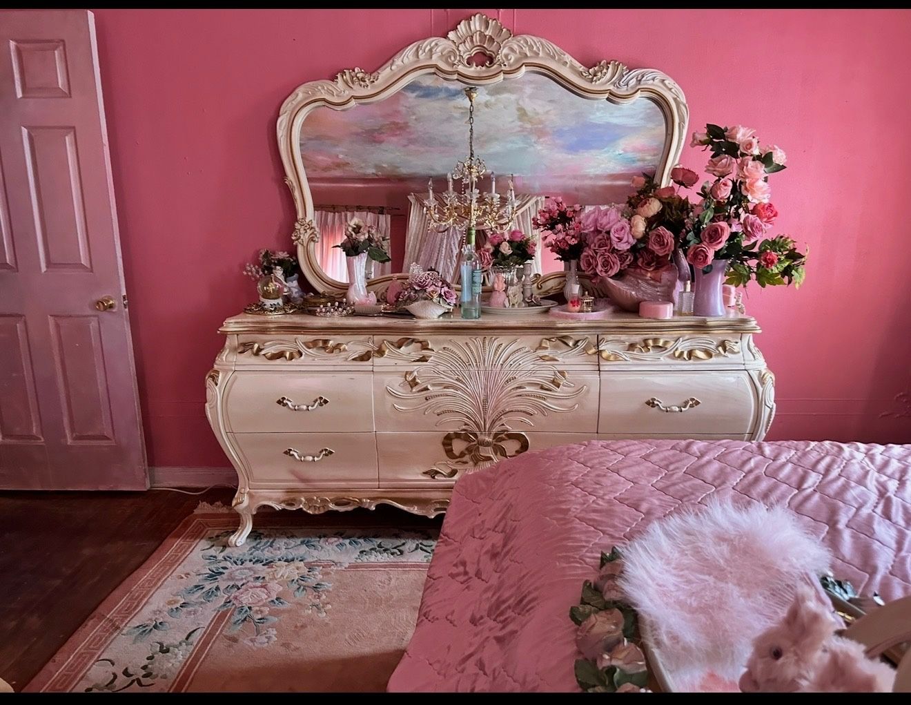 Vintage French Bedroom Set Dresser + Mirror + 2 Nightstands