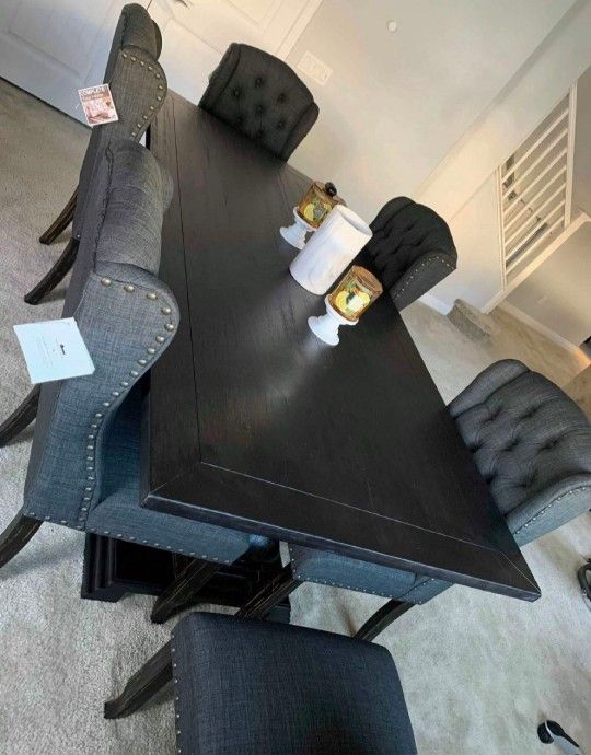 Brand New Rustic Antique Black Dark Gray 7pc Dining Table Set