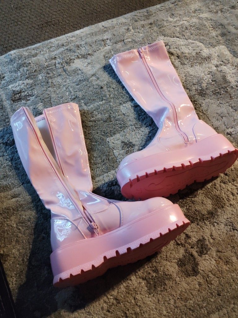 Pink Knee High Demonia Boots