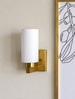 Pair of Brushed Brass Wall Sconces - White Glass Shades