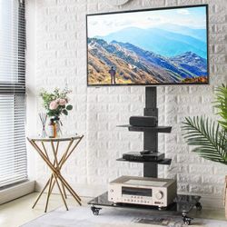 2-Shelf Floor TV Stand with Swivel Mount for TVs up to 75", Ideal for Flat Screens or Curved Screen TVs, Black Finish