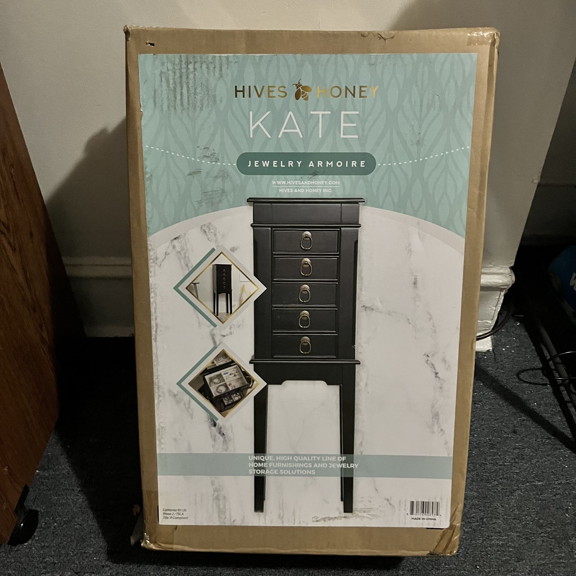 Hives and Honey Kennedy Jewelry Armoire - Modern Wood Storage Organizer with Necklace Hooks, 5 Drawers, and Vanity Mirror, Black