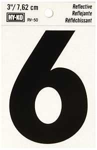 Hy-Ko RV-50/6 Reflective Sign, Character: 6, 3 in H Character, Black Character, Silver Background, Vinyl