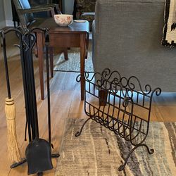 Wrought Iron Fireplace Tool Set And Firewood Holder