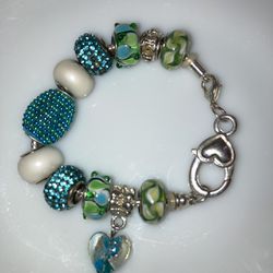 Pandora Style-Heart Shaped Lobster Clasp With Glass Charms Bracelet