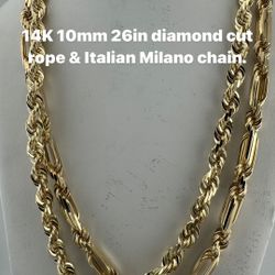 14K GOLD 10mm 26in diamond cut rope & Italian Milano chain.