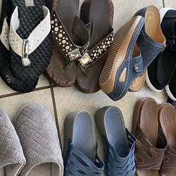 15 Pair Of Size 8 Ladies Sandals, Flip Flops And Misc Shoes In Good Condition! Must Purchase All For $50