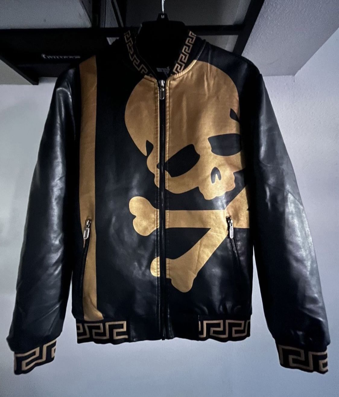 New Black & Gold Skull PU Leather Jackets Mens Small