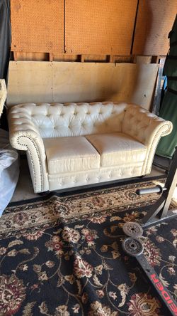 Cream Leather Tufted Roll Arm Loveseat Studded Off White