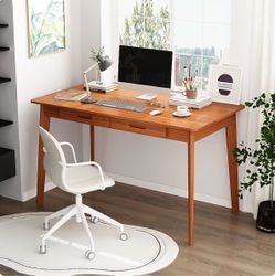 Solid Wood Writing Desk - Home Office Laptop Computer Table, Walnut Nordic Minimalist Style, MDF Tabletop, Solid Wood Legs, Double Drawers, Ergonomic 