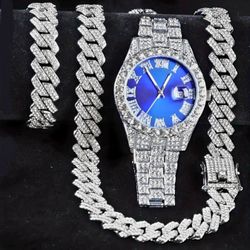 3-Pcs Men's Iced Out 14K White Gold-Plated Cubic Zirconia Wrist Watch W/24"Cuban Necklace+Bracelet Set