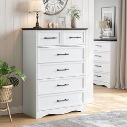 White 6 Drawers Dresser for Bedroom, 44" Tall Chest of Drawers Brushed Metal Handles, Unique Base Design, Replicated Wood Grain Finish, Modern Farmhou