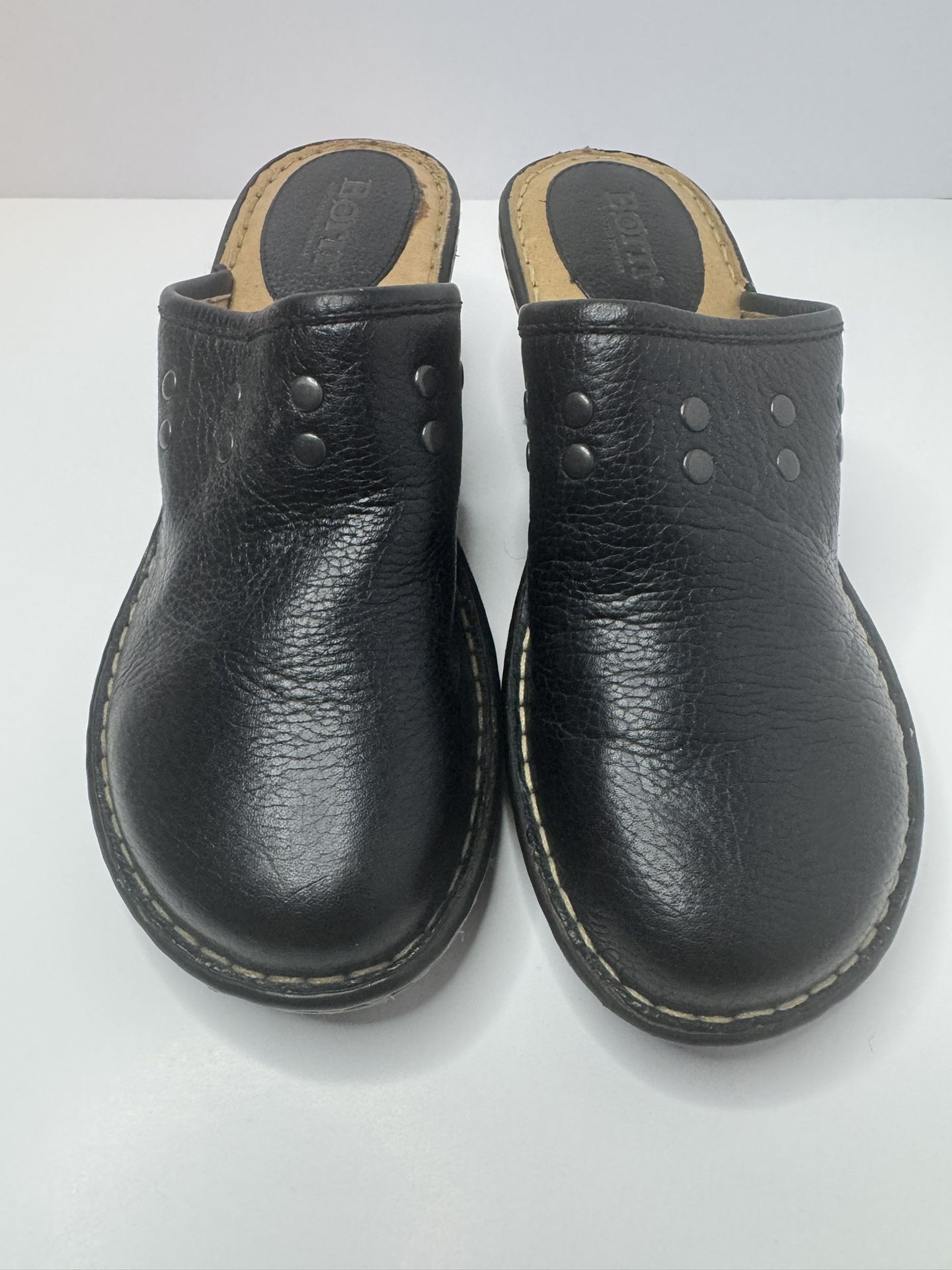 Born Black Leather Studded Wedge Mules Size 7