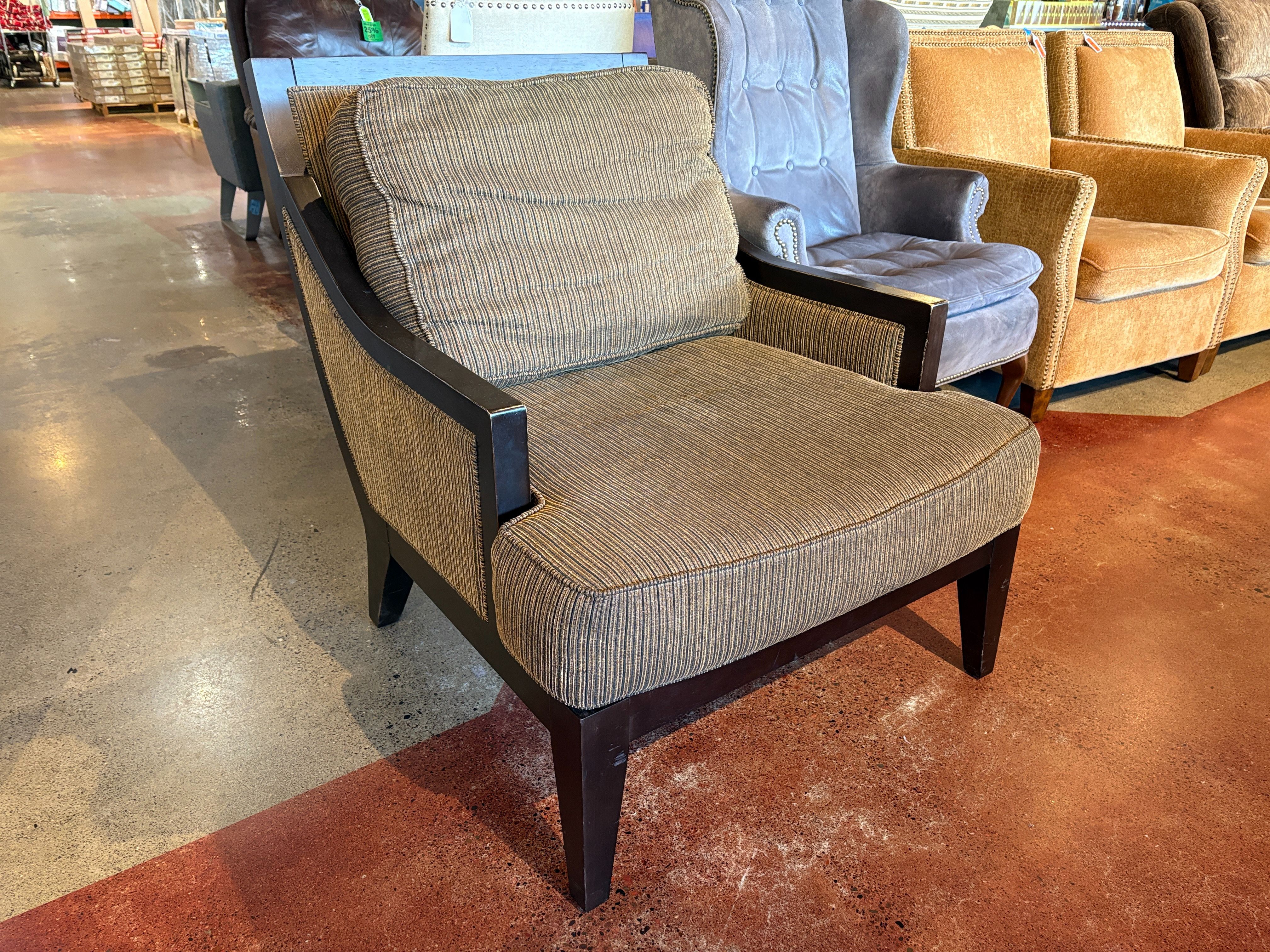 BERNHARDT Vintage Brown Striped Curved Accent Chair with Dark Wood Frame