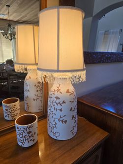 Pier 1 Hand-Painted Terracotta Lamp and Matching vase