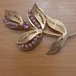 flower brooch with mauve beads & rhinestone