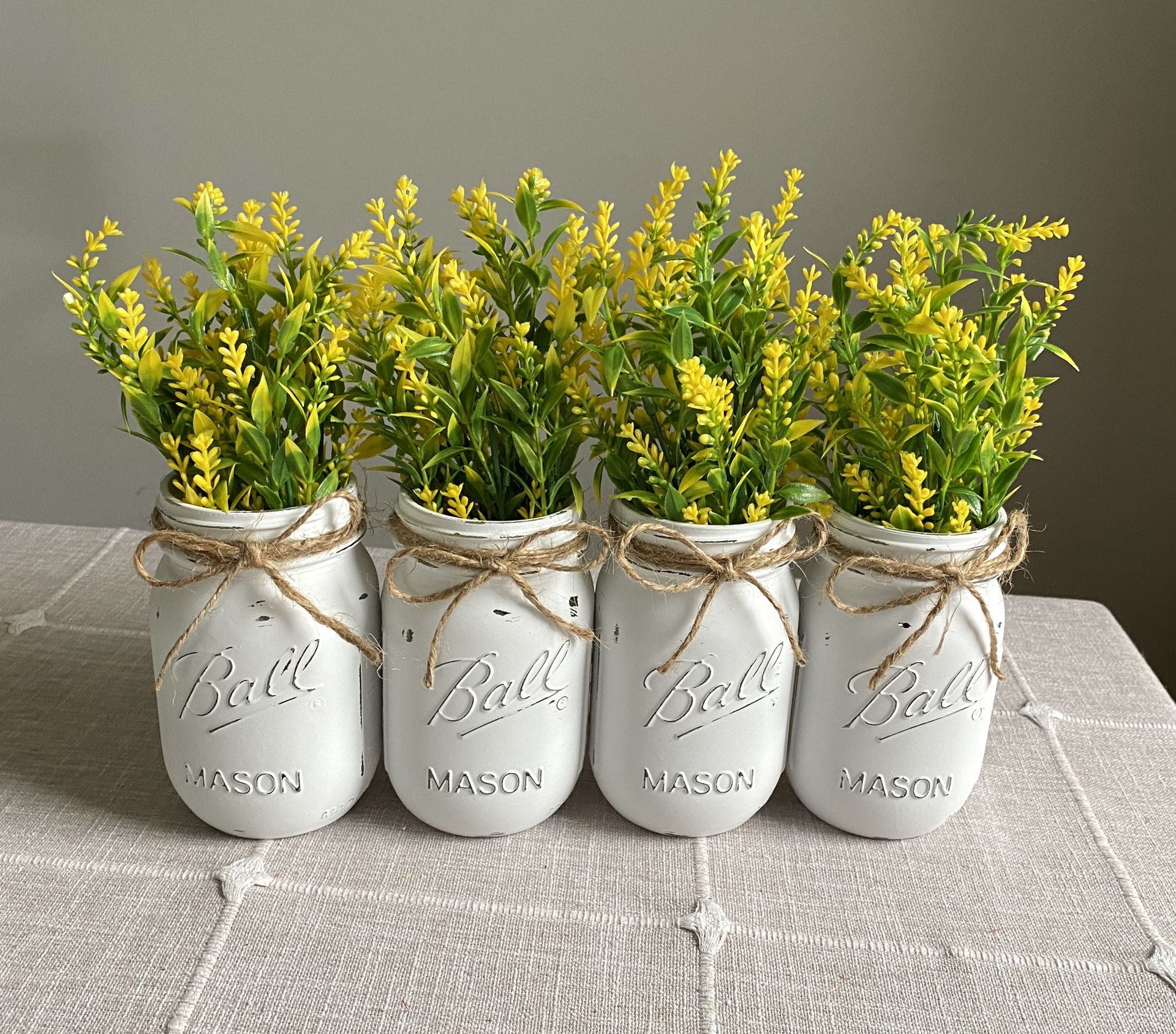 Chalk Painted & Distressed Mason Jar Vases w/faux Flowers Included 4 for $23