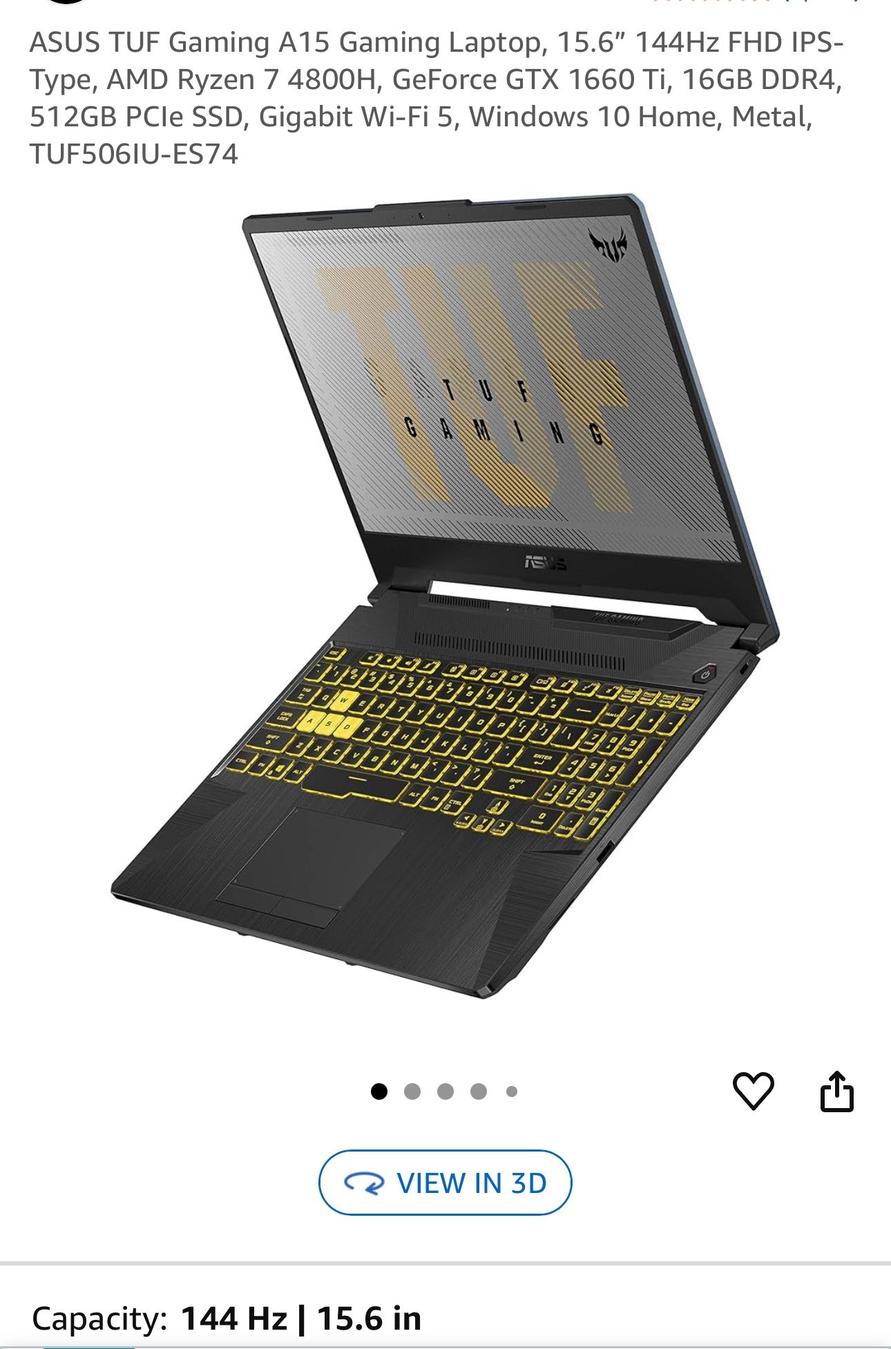 ASUS TUF Gaming A15 Gaming Laptop, 15.6" 144Hz FHD IPS-Type, AMD Ryzen 7 4800H, GeForce GTX 1660 Ti, 16GB DDR4, 512GB PCle SSD, Gigabit Wi-Fi 5, Windo