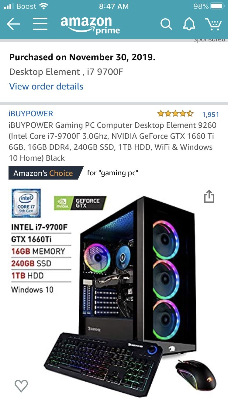 IBuyPower Gaming PC. I7 9700f + Nvidia 1660TI