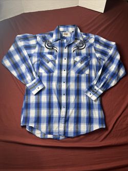 Ely Cattleman Rockabilly Shirt Mens Sz-M Embroidered Blue Plaid Pearl Snaps