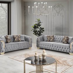 Grey Velvet Living Room Sofa Set - Delivery Available 