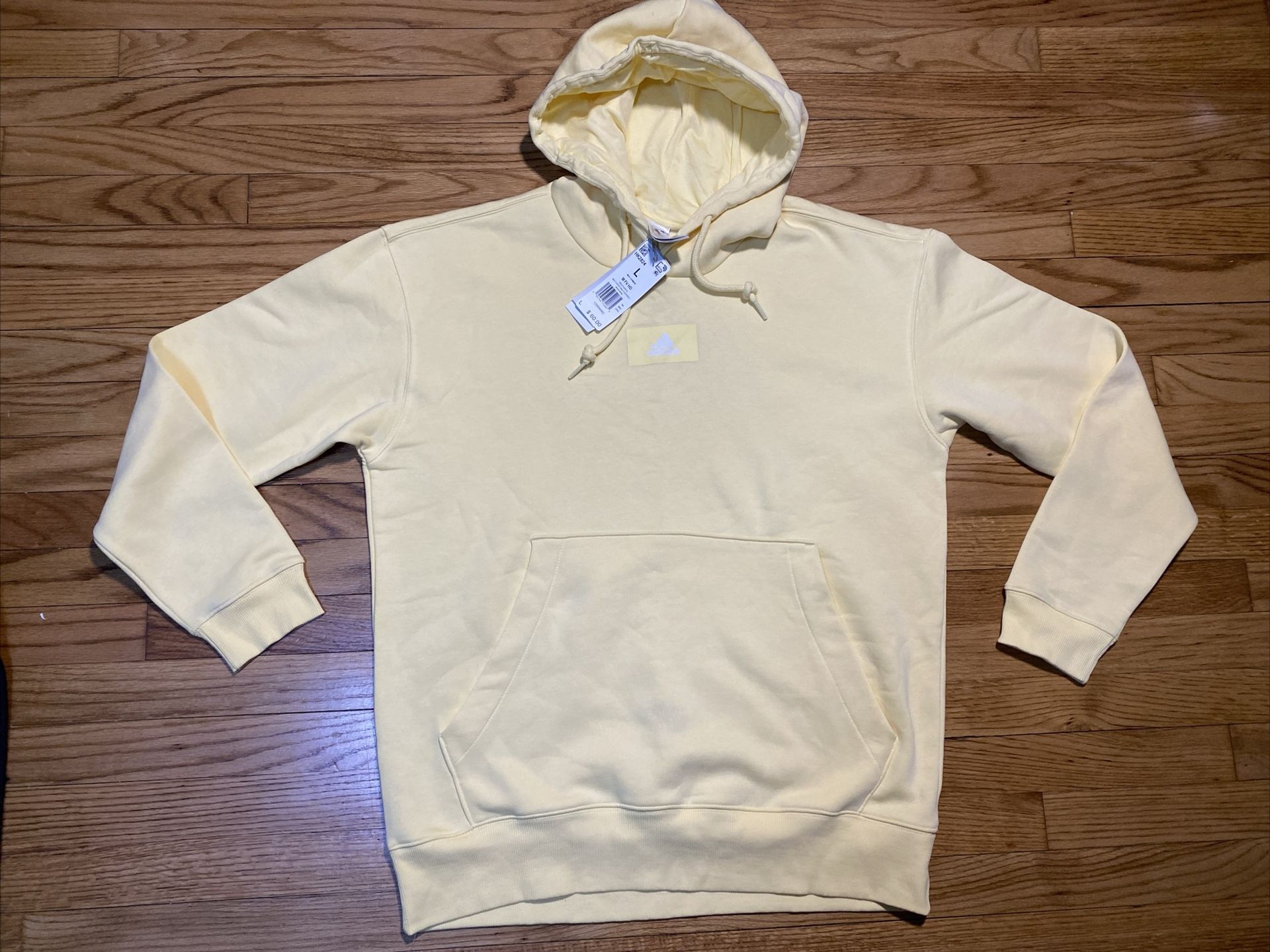 Adidas yellow Box Logo Pullover Hoodie men’s Sz L *small spot* New!