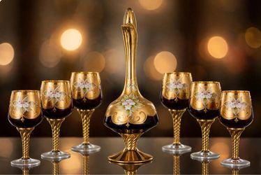 Dark Red brownish Rare Vintage 24K Gold Murano Glass Pitcher and 6 Tumblers set