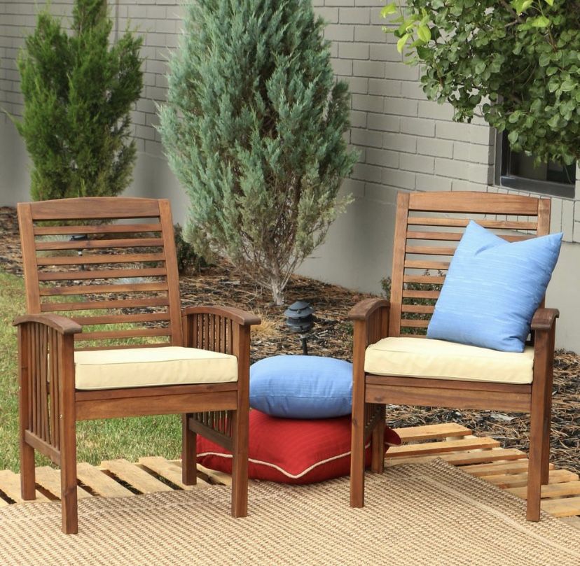 Boardwalk Dark Brown Acacia Outdoor Dining Chairs with White Cushions (Set of 2)