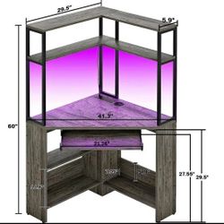 L634 Small Corner Desk with Hutch, Heavy Duty Triangle Gaming Desk with Power Outlets & LED *ALREADY BUILT
