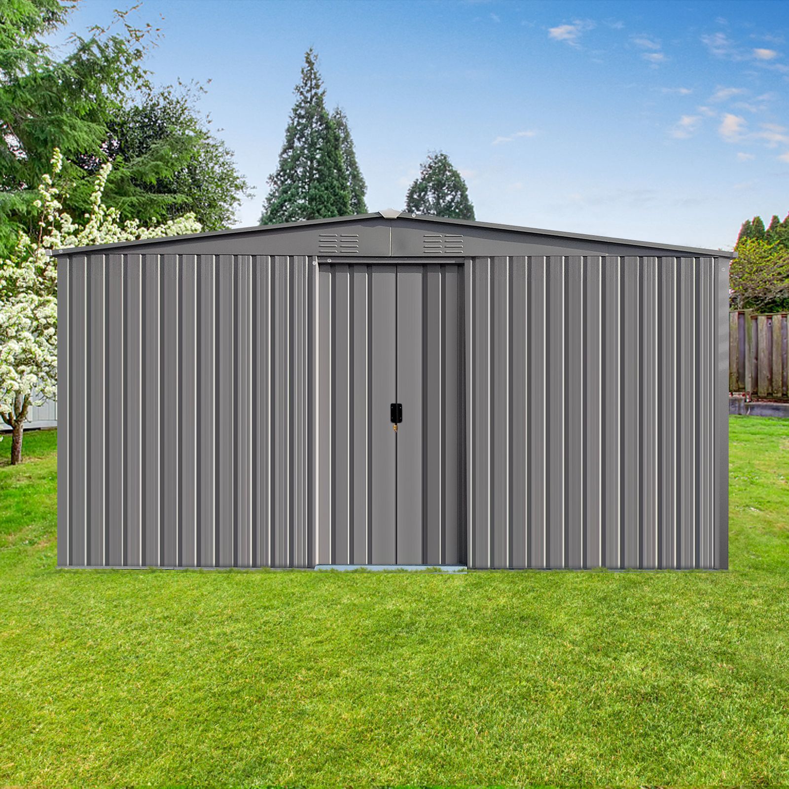 New Outdoor Storage Shed Has Two Functions:Metal Shed And Firewood Shed 14 ft x 12 ft, More Suitable For Winter , Grey