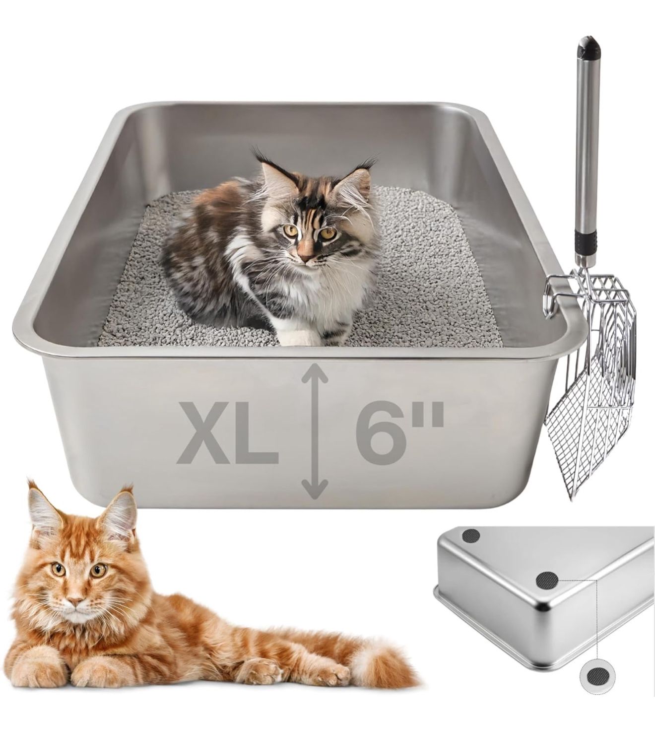 Stainless Steel Cat Litter Box with Scoop, XL High Side Cats Toilet Metal Kitten Litter Pan, Pet Cleaning Tool for Big and Small Cats, Rabbits, Splash